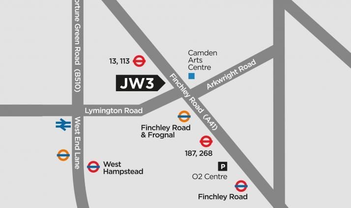Map showing JW3 on Finchley Road at Lymington Road, with nearby stations, bus stops and the O2 Centre car park.