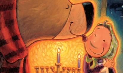 A drawing of a friendly bear and Bubba in front of the warm light of a menorah